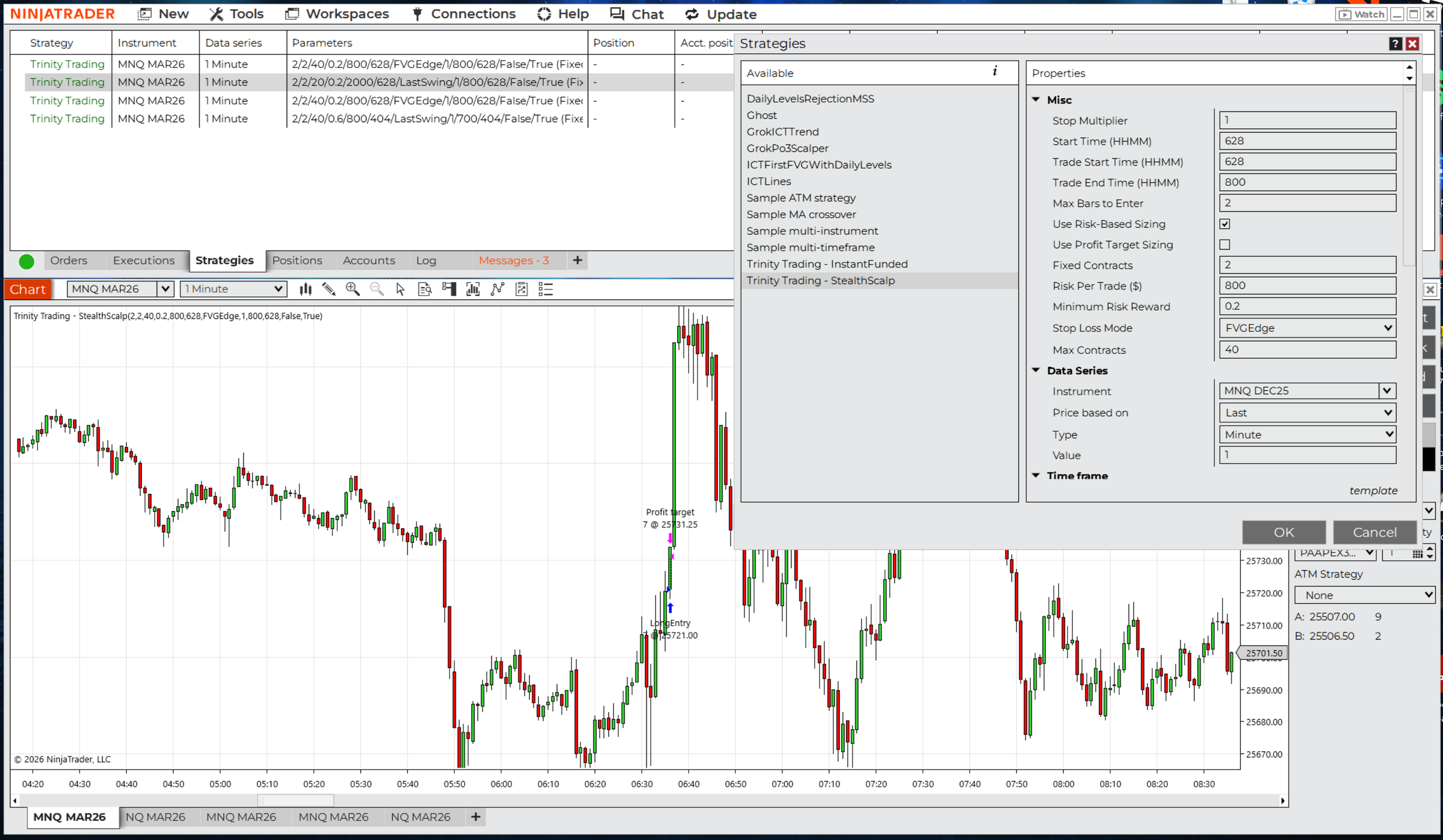 StealthScalp Running in NinjaTrader